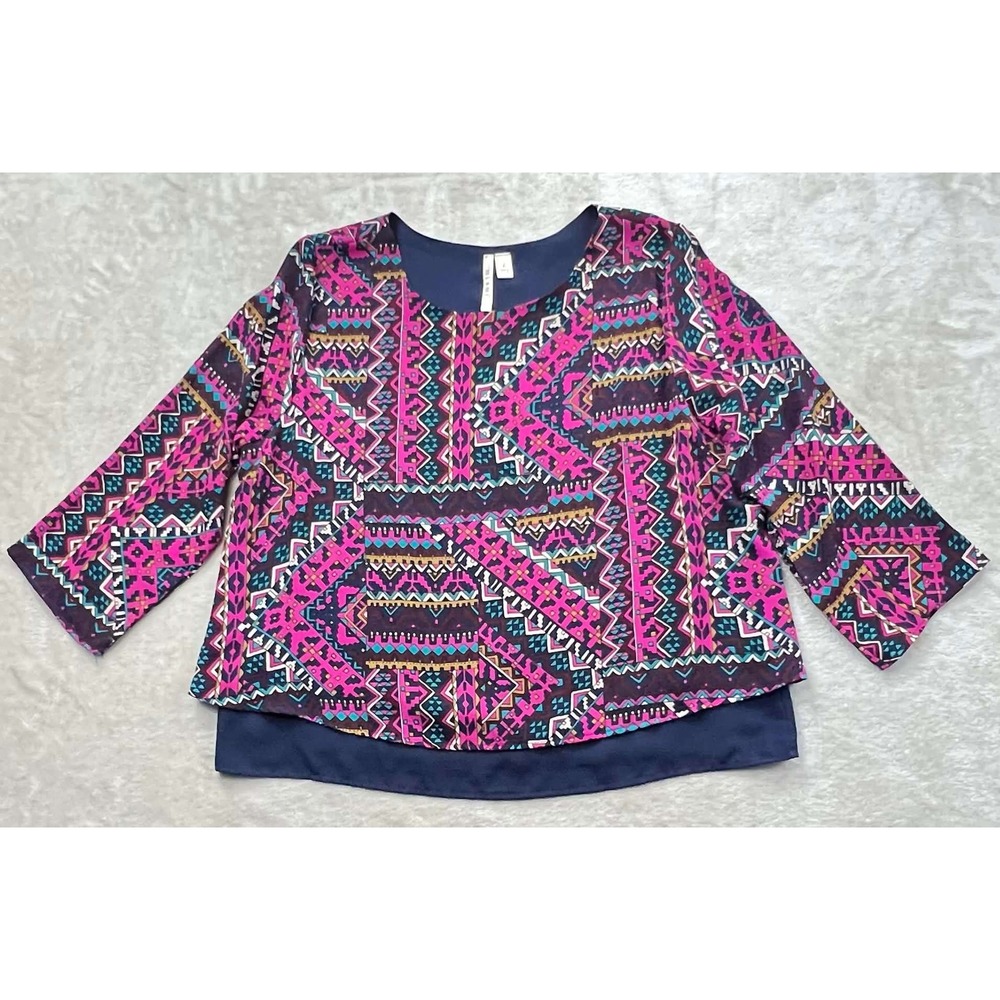 EUC Miami Pink Navy Tribal Geometric Print 3/4 Sleeve Blouse Top Made USA Size L